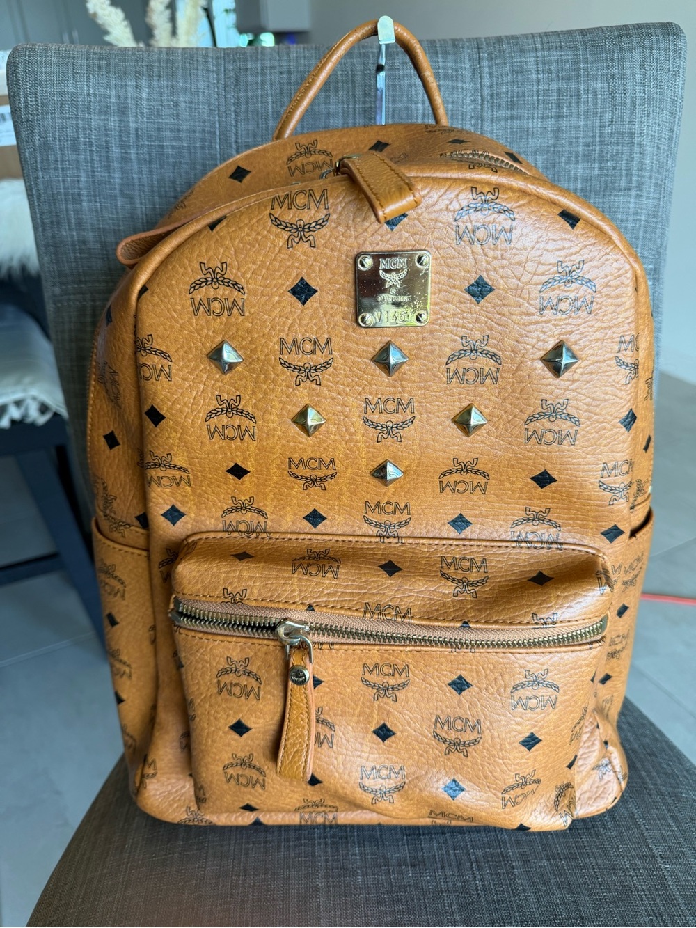 MCM Cognac Visetos Logo Studded Leather Backpack